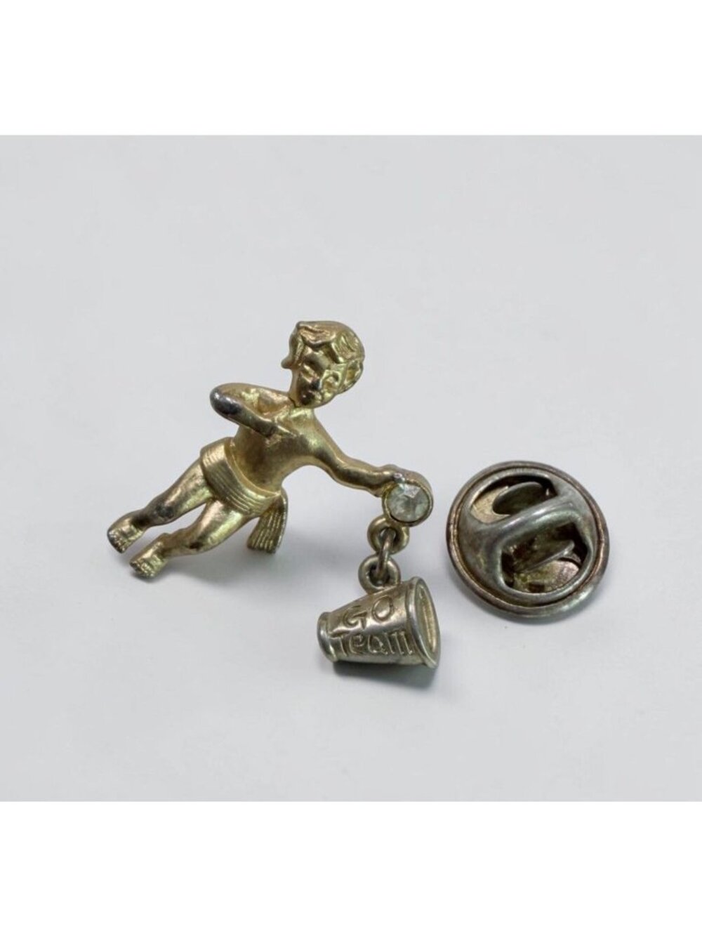 Vintage Gold Tone Cheerleader Pin Go Team Megaphone Rhinestone Accent DISTRESSED